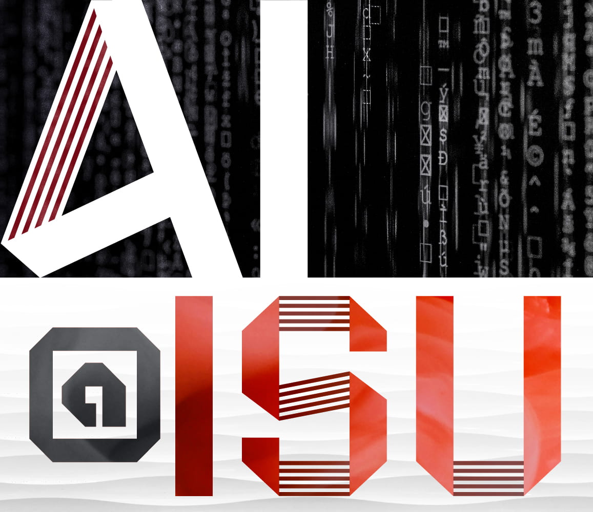 the words AI at ISU are in presented with graphic images, and a background of dripping vertical code.