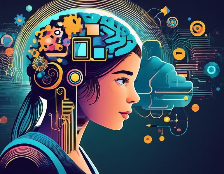 illustration of girl with mechanical shapes overlaying her brain with circuits in the background