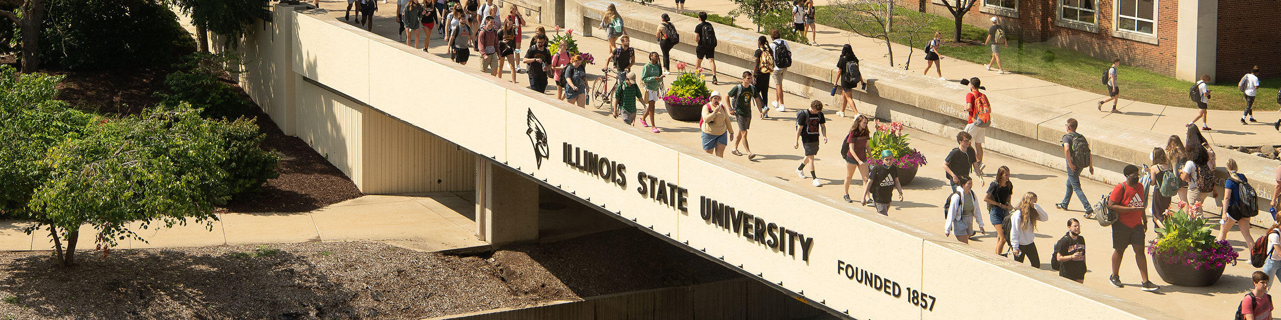 Students crossing Illinois State bridge